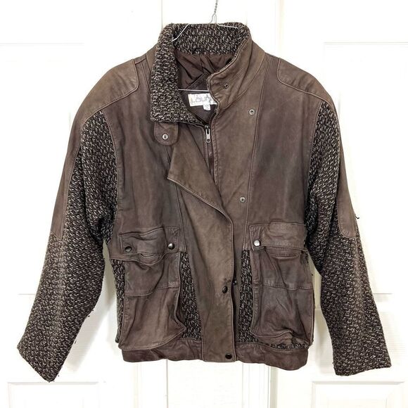 Vintage Laurice 80’s Bomber Jacket Brown Leather Wool Sweater Sleeves Size L - Picture 1 of 15